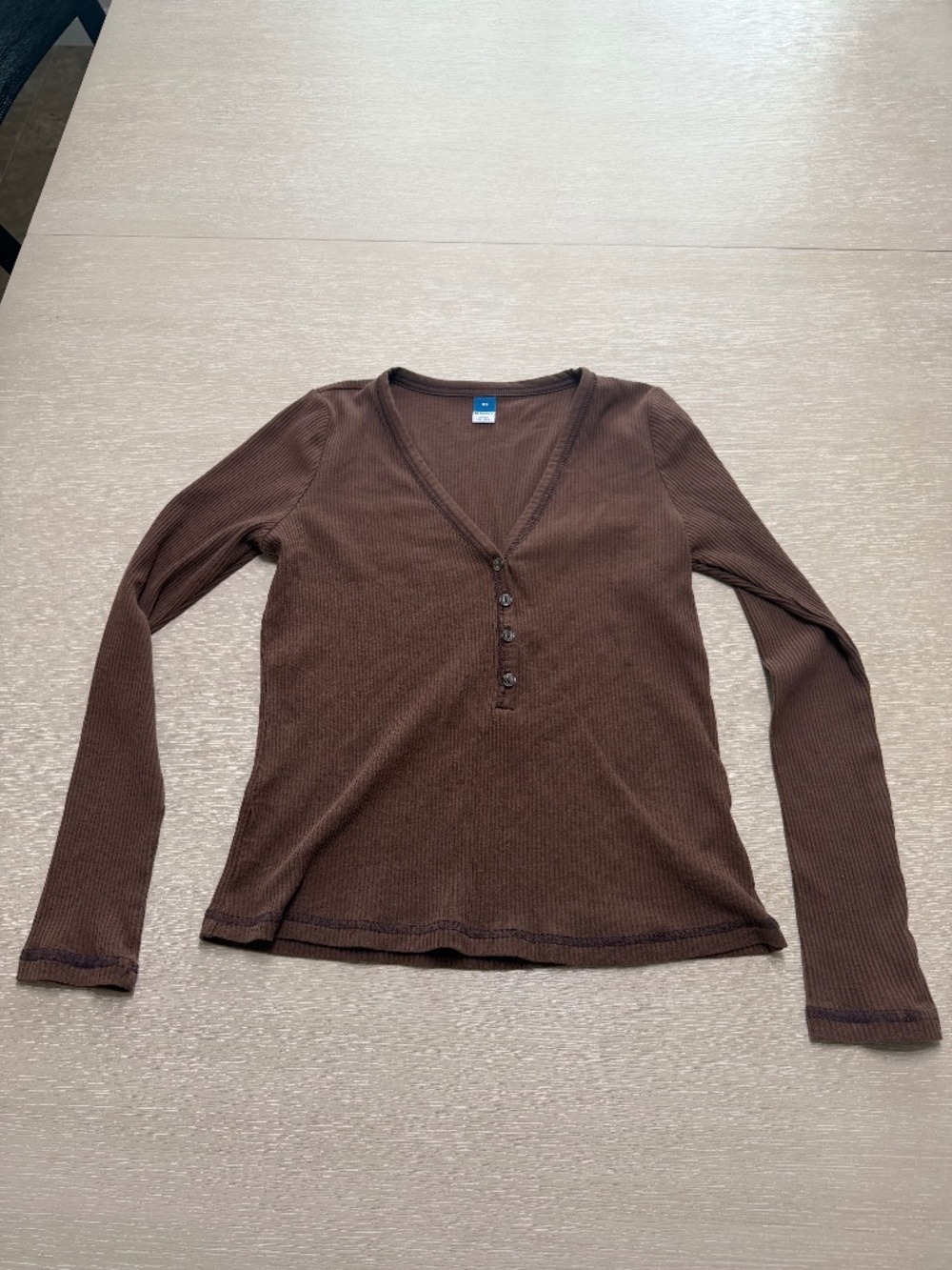 Old Navy Brown Ribbed Long Sleeve V Neck Henley Top XS (A024)